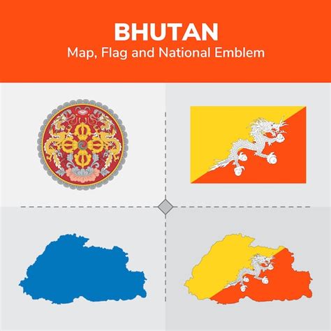 Drapeau De La Carte Du Bhoutan Et Emblème National Vecteur Premium