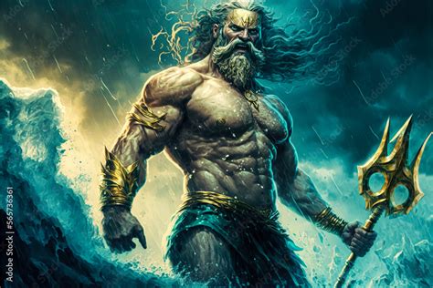 Giant Poseidon Coming Out Of The Stormy Sea Greek Mythological God