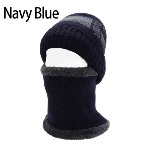Buy 2pc Winter Double Layers Cap Wool Knitted Hat Scarf Coral Fleece Beanies Mens Hat Warm