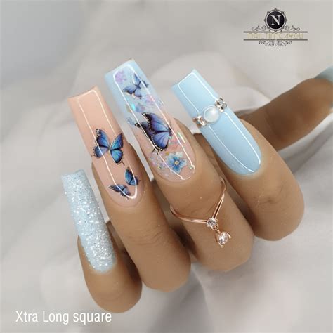 Box False Nails With Blue Butterfly Designs Long Coffin Ballerina Fake Nails Artificial Nail Art