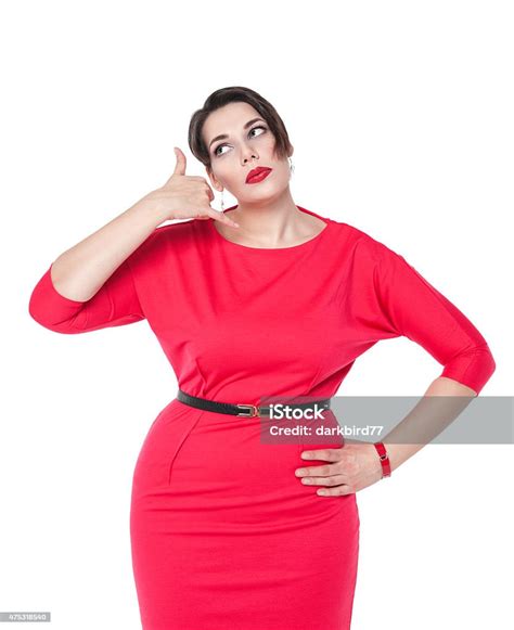 Beautiful Plus Size Woman With Call Gesture Isolated Stock Photo