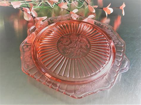 Pink Depression Glass Cake Plate Hocking Mayfair Pink Pattern Open Rose Footed Cake Plate