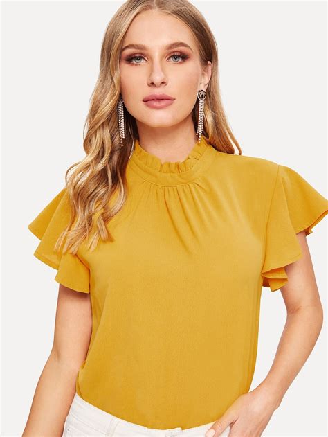 Contrast Frill Neck Butterfly Sleeve Blouse Neckfrillcontrast