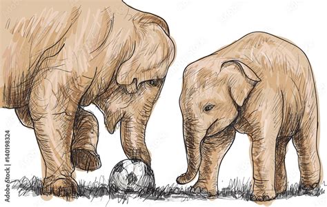 Elephant Playing Football Sketch Free Hand Draw Illustration Stock
