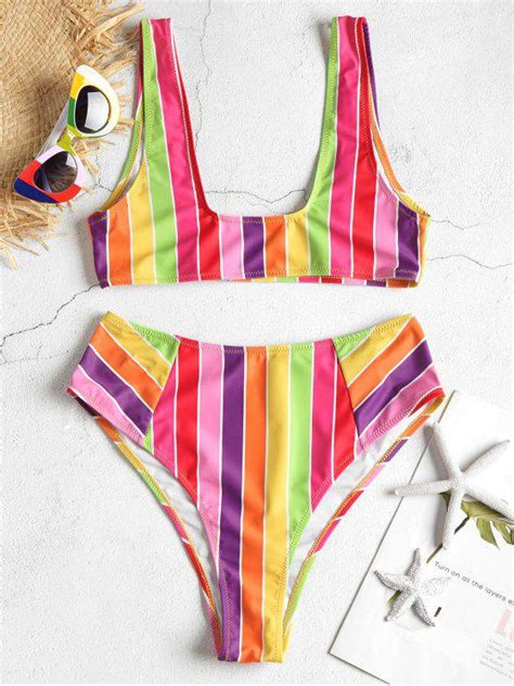 Off Rainbow Striped High Waisted Bikini Set In Multi J Zaful