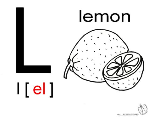 In inglese l'alfabeto è molto simile a quello italiano, tranne che per l'aggiunta di alcune lettere e per la diversa pronuncia di altre (per la cosa nota come great vowel shift, grande spostamento vocalico). Stampa disegno di Lettera L Alfabeto Inglese da colorare