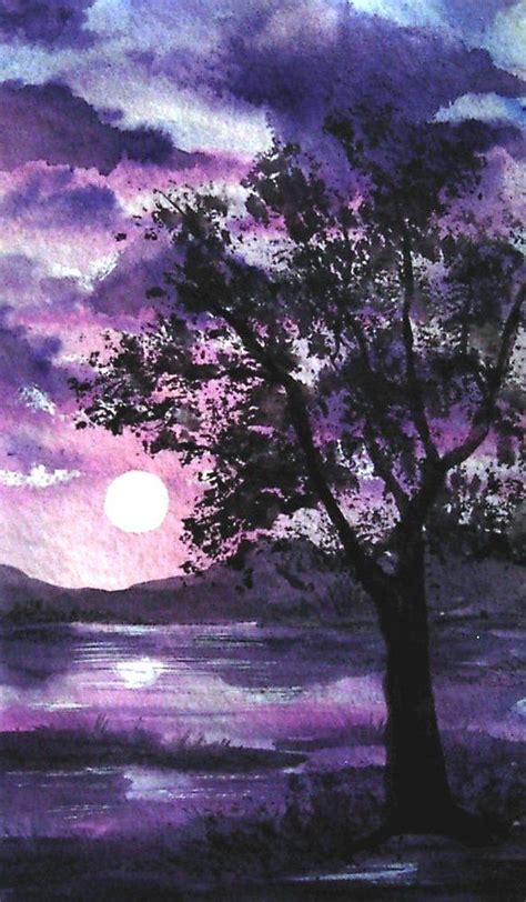 Full Moon Purple Lake Painting Landscape Original Watercolor Art By
