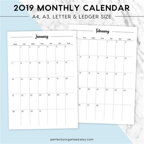 New 2019 Monthly Calendar Printable A4 A3 Letter Ledger Etsy