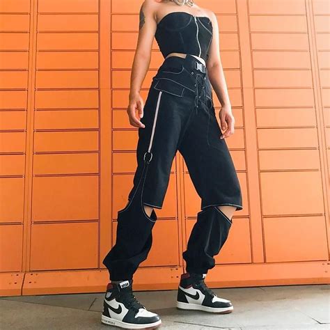Reflected Loop Belted Pants Cargo Chic Streetwear Fashion Black