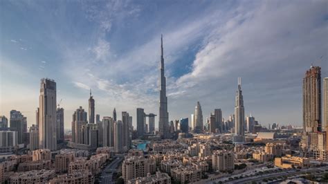 Dubai Cityscape At Night With Burj Khalifa In Center In The United Arab