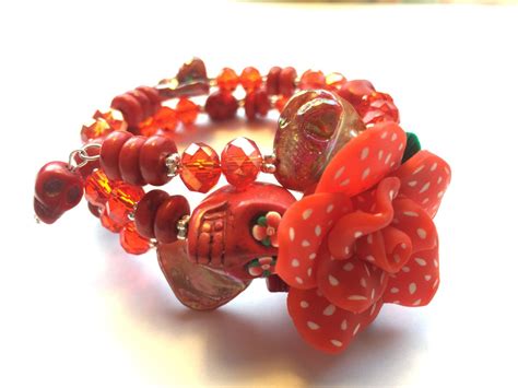 All Red Day Of The Dead Sugar Skull And Rose Memory Wire Etsy Sugar