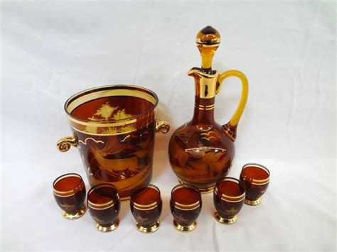 Lot Detail Czech Bohemian Amber Etched Decanter Set With Ice Bucket