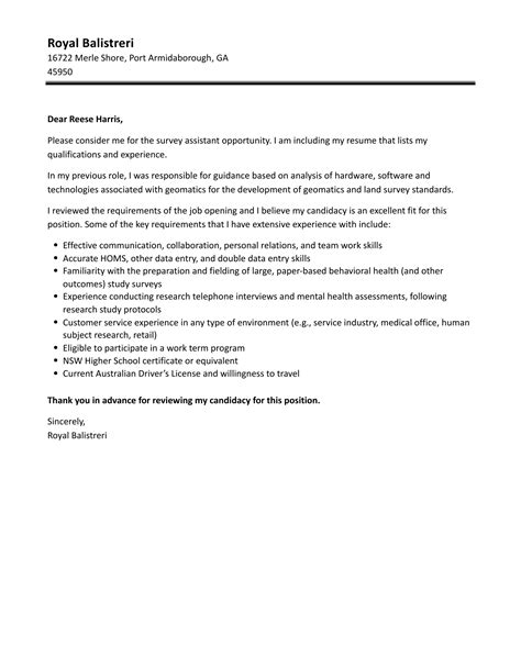 Survey Assistant Cover Letter Velvet Jobs