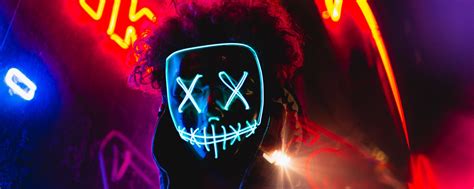 Download Wallpaper 2560x1024 Mask Neon Anonymous Light