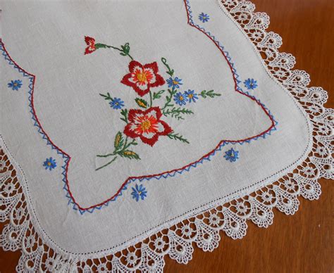 Linen Table Runner Hand Embroidered Vintage Red Blue Gold Etsy Rose