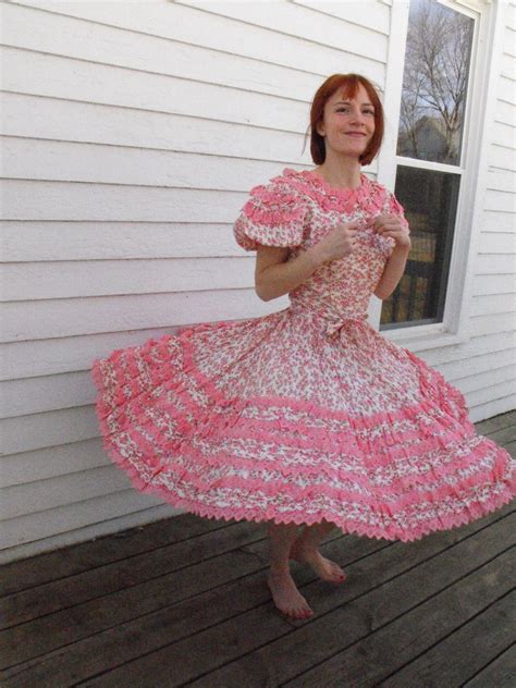 Vintage Square Dancing Dress Pink Floral Print Dance
