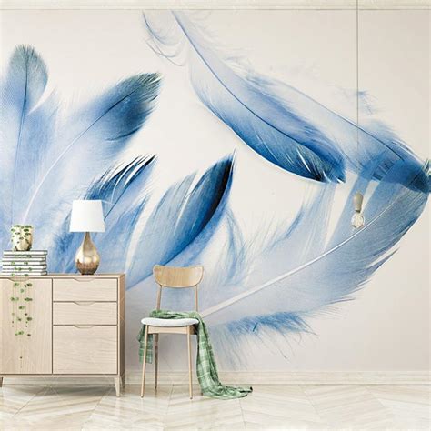 Custom Wallpaper Mural Blue Feather Minimalistic Style Bvm Home