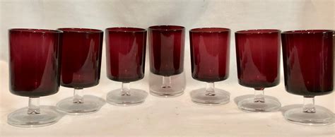 Vintage Ruby Red Depression Glass Stem Glasses Set Of Seven