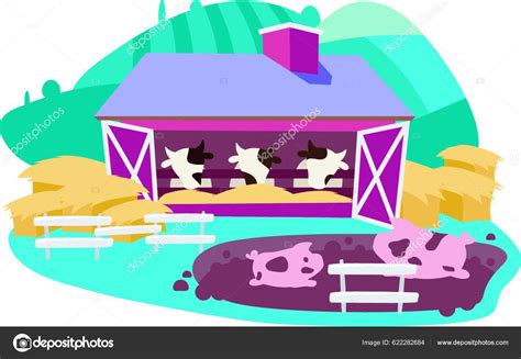 Livestock Dairy Farm Flat Vector Illustration Cattle Farming