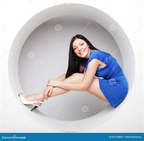 Brunette In Blue Dress Sitting In A Circle Stock Image Image Of Girl Cosmetics 52119469