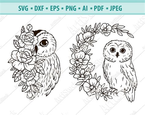 Owl Svg File Owl With Flower Svg Owl Cut File Night Birds Etsy