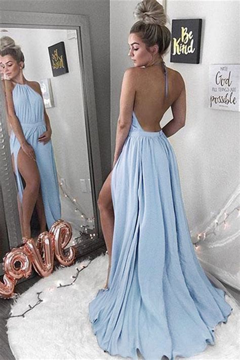 Sexy A Line Halte Backless Blue With Slit Chiffon Prom Dresses Uk Promdressmeuk