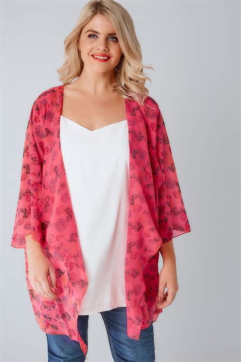 Hot Pink And Multi Floral Print Chiffon Kimono With Waterfall Front Plus