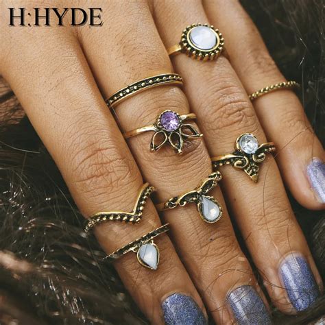 H Hyde Vintage Boho Ring Set Tibetan Antique Artificial Stone Midi