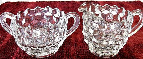Vintage Diamond Point Clear Glass Sugar Bowl And Creamer Set Kitchen And Dining