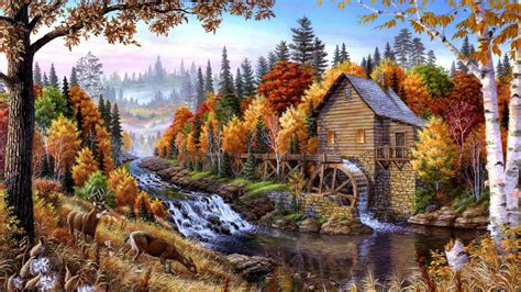 Fall Mill Wooden Mountain River Waterfall Forest With Pine Trees Deer