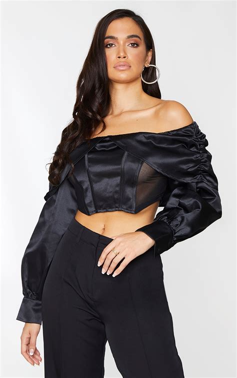 Black Satin Drape Bardot Long Sleeve Crop Top Prettylittlething