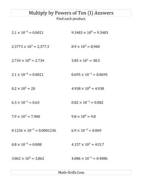 Powers Of Ten Worksheet Whole Numbers Multiplied By All Multiplying