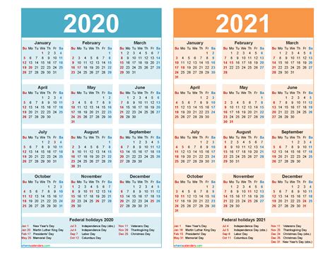 2018 2019 2020 2021 Year Calendar Printable