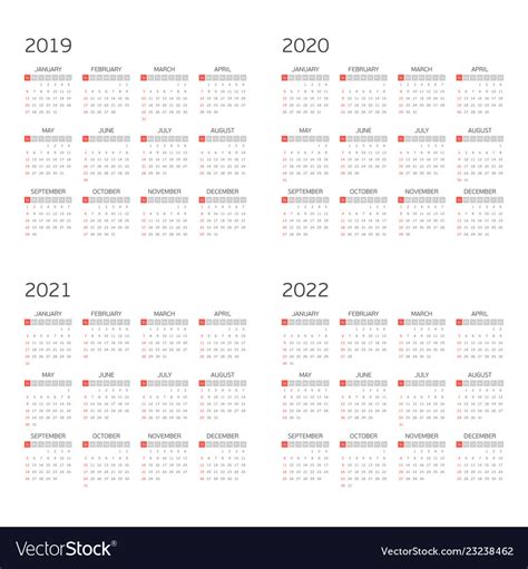 Calendar On 2019 2020 2021 2022 Royalty Free Vector Image
