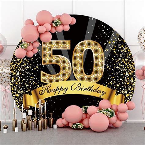 Happy 50th Birthday Black Gold Glitter Ribbon Round Backdrops Happy