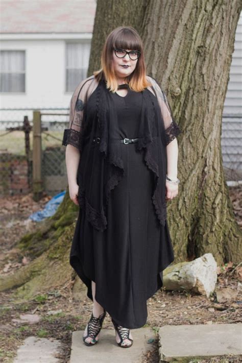 plus size goth outfit with black dress and flowy sheer cardigan fat fashion queer fashion big