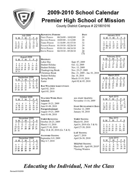 2009 2010 School Calendar Premier High School Of Mission Educating The