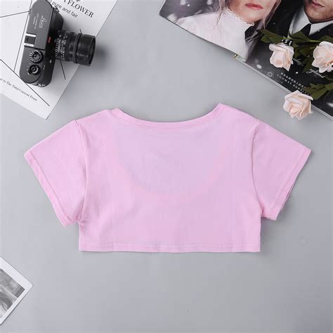 Sexy Women No Bra Cotton Letter Short Sleeve Crop Top T Shirt Summer