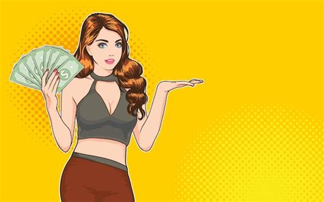 premium vector woman showing money and hand up present something with copy space pop art retro