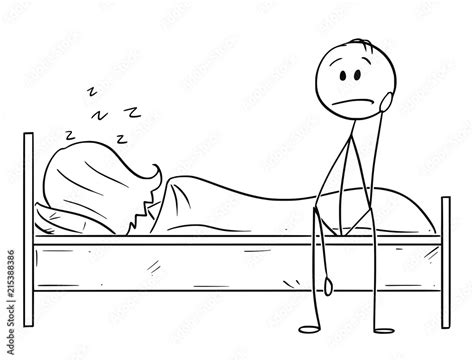 Cartoon Stick Drawing Conceptual Illustration Of Sad Or Depressed Man Sitting On Bed While Woman