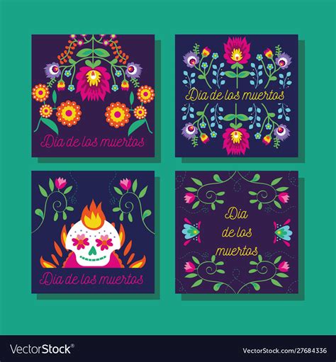 Dia De Los Muertos Cards With Skulls And Flowers Vector Image