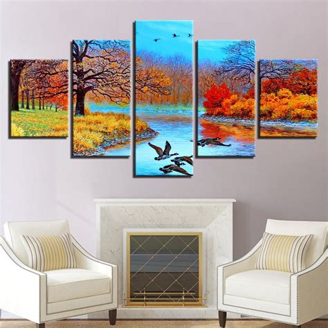 Abstract Forest Lake & Birds 5 Piece HD Multi Panel Canvas Wall Art Fr ...