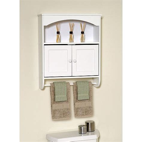 This towel bar and basket cabinet door organizer conquer kitchen and bathroom clutter while providing unique cabinet storage solutions. White Wood Wall Cabinet with Open Storage and Towel Bar ...