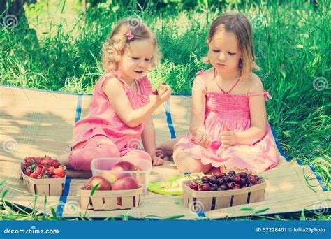 Small Cute Funny Girls Sisters At The Picnic Stock Image Image Of Happy Cherry 57228401