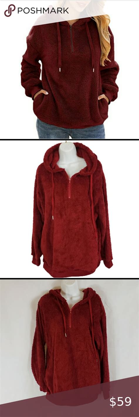 burgundy sherpa pullover hoodie with pockets l oversized sherpa pullover drawstring hoodie with