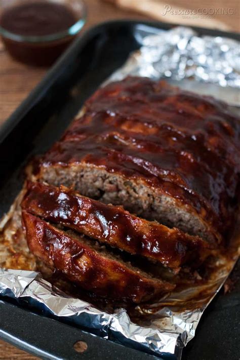 a quick pressure cooker meatloaf covered in smokey bacon and smothered in tangy bbq sauce