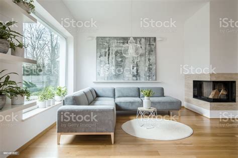 Spacious White Living Room Interior With Grey Corner Couch Big Modern