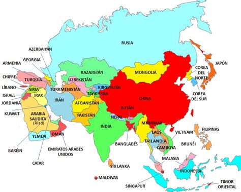 Mapa De Asia O Continente Asiático Incluye Países Con Nombre Oficial Y