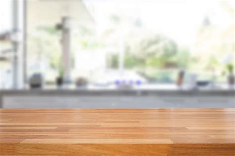 Empty Wooden Table And Blurred Kitchen Background Stock Image