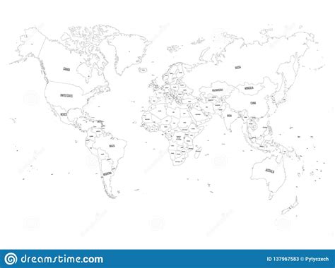 Vector Political Map Of World Black Outline On White Background With